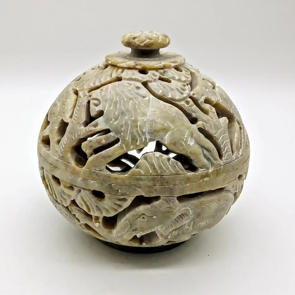 Carved Taupe Soapstone Round Candle Incense Holder